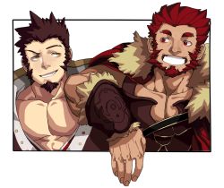 Rule 34 | 2boys, abs, absurdres, alternate eye color, arm on another&#039;s shoulder, armor, bara, beard, brown hair, cape, collar, couple, eye contact, facial hair, fate/grand order, fate/zero, fate (series), fur collar, goatee, highres, iskandar (fate), jacket, leather, long sideburns, looking at another, male focus, manly, military, military uniform, multiple boys, multiple drawing challenge, muscular, napoleon bonaparte (fate), no scar, open clothes, open jacket, open shirt, pectoral cleavage, pectorals, red eyes, red hair, sideburns, six fanarts challenge, sleeveless, smile, smirk, teeth, ttn (239 239), uniform, yellow eyes