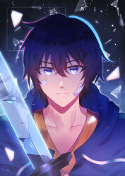 Rule 34 | 1boy, absurdres, blue eyes, blue hair, blue hoodie, closed mouth, eyebrows hidden by hair, glass, glowing, glowing eye, hair between eyes, highres, holding, holding sword, holding weapon, hood, hoodie, light smile, looking at viewer, multiple views, notteacups, reflection, shattered, shirt, short hair, solo leveling, sung jin-woo, sword, upper body, weapon
