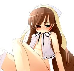Rule 34 | 00s, 1girl, bare arms, bare shoulders, blush, bottomless, brown hair, doll joints, flat chest, green eyes, head scarf, heterochromia, joints, long hair, looking at viewer, red eyes, ribbon, rozen maiden, simple background, skirt, skirt around one leg, sleeveless, solo, straightchromia, suiseiseki, very long hair, white background