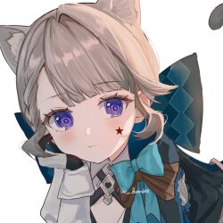 Rule 34 | 1girl, animal ear fluff, animal ears, blue bow, blush, bow, brown hair, cat ears, cat girl, cat tail, cleavage cutout, clothing cutout, extra ears, facial mark, genshin impact, gloves, hand on own face, head rest, highres, long sleeves, looking at viewer, luna (luna610), lynette (genshin impact), purple eyes, short hair, simple background, solo, star (symbol), tail, white background