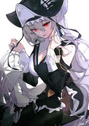 Rule 34 | 1girl, arknights, black dress, black headwear, blue nails, breasts, cleavage, commentary, cowboy shot, dress, grey hair, hair between eyes, hands up, highres, holding, holding jewelry, holding necklace, jewelry, unworn jewelry, large breasts, leria v, long hair, long sleeves, nail polish, necklace, unworn necklace, pantyhose, parted lips, pelvic curtain, red eyes, simple background, slit pupils, smile, solo, specter (arknights), specter the unchained (arknights), very long hair, white background