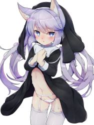 Rule 34 | 1girl, animal ear fluff, animal ears, black dress, blush, cat ears, clothes lift, dress, dress lift, garter belt, garter straps, gluteal fold, habit, hands on own chest, heart, heart-shaped pupils, highres, lifted by self, long hair, navel, nun, original, panties, purple eyes, purple hair, pussy juice, simple background, solo, symbol-shaped pupils, teranekosu, thigh gap, thighhighs, thighs, twintails, underwear, white background, white panties, white thighhighs