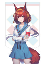 Rule 34 | 1girl, animal ears, arknights, armband, athrun1120, blue sailor collar, blue skirt, closed mouth, collarbone, cosplay, cowboy shot, crossed legs, flametail (arknights), hairband, highres, hirano aya, kita high school uniform, long sleeves, looking at viewer, low ponytail, miniskirt, multicolored background, orange hairband, orange ribbon, red eyes, red hair, ribbon, sailor collar, school uniform, shirt, short hair, skirt, smile, solo, squirrel ears, squirrel girl, squirrel tail, suzumiya haruhi, suzumiya haruhi (cosplay), suzumiya haruhi no yuuutsu, tail, voice actor connection, white shirt