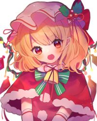 Rule 34 | 1girl, alternate costume, bell, blonde hair, blush, bow, bowtie, capelet, cherry hat ornament, chikuwa (tikuwaumai ), crystal, elbow gloves, flandre scarlet, gloves, green bow, green bowtie, hat, head tilt, highres, jingle bell, looking at viewer, medium hair, mob cap, open mouth, pointy ears, red capelet, red eyes, santa costume, simple background, solo, teeth, touhou, upper body, upper teeth only, v arms, white background, white hat, wings