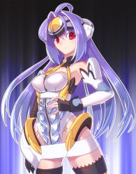 Rule 34 | 1girl, android, armpits, bare shoulders, breasts, commentary request, cyborg, elbow gloves, expressionless, forehead protector, gloves, graphite (medium), highleg, kos-mos, leotard, long hair, looking at viewer, medium breasts, purple hair, red eyes, solo, standing, thighhighs, traditional media, very long hair, xenosaga, xenosaga episode i, yukimura tsubame