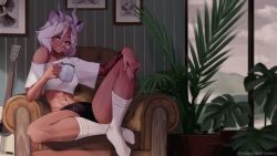 Rule 34 | 1girl, abs, absurdres, animal ears, arm tattoo, breasts, chair, cropped shirt, cup, dark-skinned female, dark skin, dragon girl, dragon horns, flower pot, glasses, grey hair, guitar, highres, holding, holding cup, horns, indie virtual youtuber, indoors, instrument, looking at viewer, medium breasts, mug, navel, p-san (sansin), picture frame, plant, potted plant, sansin jin, short hair, shorts, sitting, smile, socks, solo, sunset, tattoo, tiger ears, virtual youtuber, white socks, window