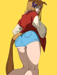 Rule 34 | 1girl, alternate costume, animal ears, ass, blue eyes, blue shorts, bow, brown hair, closed mouth, clothing cutout, ear bow, feet out of frame, grass wonder (umamusume), hands in pockets, highres, horse ears, horse girl, horse tail, jacket, long hair, long sleeves, looking at viewer, otimusyairoha, red jacket, short shorts, shorts, simple background, solo, standing, tail, tail through clothes, umamusume, yellow background