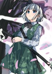 Rule 34 | 1girl, absurdres, black bow, black bowtie, bow, bowtie, cherry blossoms, expressionless, falling petals, from below, green jacket, green skirt, hair bow, highres, holding, holding sword, holding weapon, jacket, konpaku youmu, konpaku youmu (ghost), long sleeves, looking at viewer, petals, refuson man, saigyou ayakashi, shirt, sketch, skirt, solo, sword, touhou, weapon, white hair, white shirt