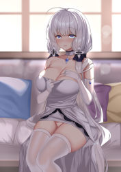 Rule 34 | 1girl, absurdres, azur lane, blue eyes, blue gemstone, breasts, cleavage, detached collar, dress, elbow gloves, gem, gloves, hand on own chest, heart, heart-shaped pupils, highres, illustrious (azur lane), indoors, large breasts, long hair, looking at viewer, panties, pillow, pulling own clothes, sitting, skindentation, solo, strapless, strapless dress, symbol-shaped pupils, thighhighs, thighs, tufang, underwear, very long hair, white dress, white gloves, white hair, white panties, white thighhighs, window