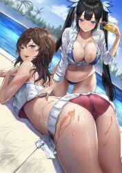 Rule 34 | 2girls, absurdres, alternate costume, applying sunscreen, ass, back, bikini, bikini skirt, black hair, blue eyes, blunt bangs, breasts, brown hair, cameltoe, cleavage, cleft of venus, commission, dungeon ni deai wo motomeru no wa machigatteiru darou ka, dutch angle, from behind, gluteal fold, hestia (danmachi), highres, large breasts, liliruca arde, long hair, looking back, lotion, lying, multiple girls, on stomach, open clothes, open shirt, outdoors, pixiv commission, poolside, sayaka ikku, shirt, smile, sunscreen, swimsuit, tanning oil, tied shirt, twintails, very long hair