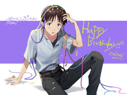 Rule 34 | 11kkr, 1boy, belt, black pants, blue eyes, brown hair, collared shirt, confetti, feet out of frame, happy birthday, ikari shinji, looking at viewer, male focus, multicolored background, neon genesis evangelion, open mouth, pants, purple background, shirt, solo, striped, striped background, translated, white background, white shirt
