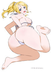 Rule 34 | 10s, 1girl, ass, ayase eli, baba arumi, bare shoulders, barefoot, bikini, blonde hair, blue eyes, blush, breasts, cameltoe, female focus, from behind, from below, huge ass, large breasts, long hair, looking back, looking down, love live!, love live! school idol project, open mouth, shiny skin, sideboob, simple background, sitting, smile, solo, swimsuit, thong, thong bikini, wariza, white background