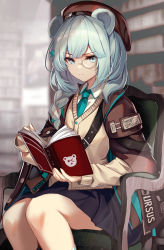 Rule 34 | 1girl, absurdres, animal ears, animal print, arknights, armchair, bear ears, bear girl, bear print, beret, blouse, blue eyes, blue hair, blue necktie, blue skirt, blurry, blurry background, book, braid, brown jacket, cardigan, chair, closed mouth, collared shirt, glaring, hair ornament, hat, highres, holding, holding book, istina (arknights), jacket, latin text, light particles, long hair, long sleeves, looking at viewer, monocle, monocle chain, necktie, penguin4, pleated skirt, serious, shirt, sitting, skirt, sleeves past wrists, solo, star (symbol), star hair ornament, white shirt