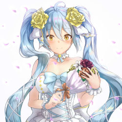 Rule 34 | 1girl, ahoge, bare shoulders, blue hair, blue ribbon, blush, bouquet, breasts, brown ribbon, cherry blossoms, choker, collarbone, dress, falling petals, flower, frilled choker, frilled cuffs, frilled dress, frills, hair between eyes, hair flower, hair ornament, hair ribbon, holding, holding bouquet, king&#039;s raid, light blue hair, lily (flower), long hair, looking at viewer, medium breasts, orange flower, orange rose, petals, ponta (velmar), red flower, red rose, ribbon, rose, sidelocks, simple background, smile, solo, sonia (king&#039;s raid), standing, strapless, strapless dress, twintails, upper body, very long hair, wavy hair, wedding dress, white background, white choker, white dress, white ribbon, wrist cuffs, yellow eyes, yellow flower, yellow rose