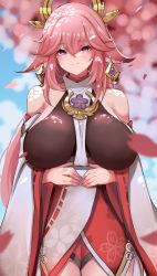 Rule 34 | 10eki (tenchou), 1girl, absurdres, blush, breasts, commentary request, eyelashes, eyes visible through hair, genshin impact, hair between eyes, highres, huge breasts, japanese clothes, large breasts, long hair, looking at viewer, miko, pink hair, purple eyes, sideboob, vision (genshin impact), yae miko