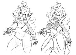 Rule 34 | 1girl, android 21, breasts, curvy, dahs, dragon ball, dragon ball fighterz, large breasts, long hair, looking at viewer, majin android 21, monochrome, nail polish, nipples, sketch, smile, standing, strapless, tail, tube top, uncensored, white hair