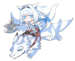 Rule 34 | 1girl, animal ear fluff, animal ears, armored boots, axe, bare shoulders, blue bow, blue eyes, blue ribbon, blue thighhighs, blush, boots, bow, breasts, cat ears, cat girl, cat tail, chibi, cleavage, detached collar, detached sleeves, dobrynya nikitich (fate), dragon, dress, fate/grand order, fate (series), fur trim, hair bow, hairband, knee boots, large breasts, long hair, looking at viewer, low ponytail, ribbon, riding, robina, short dress, tail, thighhighs, white dress, white hair