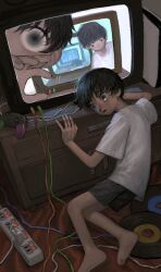 Rule 34 | 4boys, absurdres, barefoot, black hair, black shorts, blood, cable, carpet, clone, commentary, controller, crazy eyes, drawer, english commentary, expressionless, eye reflection, from above, frown, full body, game console, game controller, head rest, highres, horror (theme), indoors, looking at another, looking at viewer, looking to the side, multiple boys, nintendo switch pro controller, no mouth, nosebleed, open mouth, original, playstation 5, power strip, reaching, record, recursion, reflection, short hair, shorts, television, wide-eyed, yakito lulu