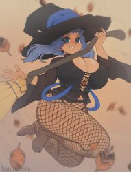 Rule 34 | 1girl, artist name, barefoot, black hat, black shirt, blue eyes, blue hair, breasts, broom, cleavage, fishnets, full body, hat, highres, holding, holding broom, large breasts, leaf, long hair, long sleeves, looking at viewer, original, sandcasks, shirt, simple background, smile, solo, teeth, wide sleeves, witch, witch hat, yellow background