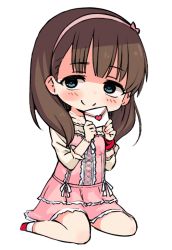Rule 34 | 1girl, arms up, bead bracelet, beads, blue eyes, blush, bracelet, brown hair, closed mouth, dress, hairband, heart, heart-shaped pupils, holding, holding letter, idolmaster, idolmaster cinderella girls, jewelry, kneeling, lace, letter, long hair, long sleeves, moru (monaka), pink dress, pink hairband, red footwear, sakuma mayu, simple background, smile, solo, symbol-shaped pupils, white background