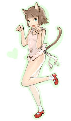 Rule 34 | 1girl, animal ears, apron, aqua eyes, bare shoulders, brown hair, cat ears, cat girl, cat tail, female focus, flat chest, full body, green eyes, heart, leg lift, looking at viewer, mary janes, naked apron, open mouth, original, paw pose, red footwear, shiohara shin&#039;ichi, shoes, short hair, simple background, socks, solo, standing, standing on one leg, tail, white background, white socks