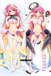 Rule 34 | 1girl, :p, angel wings, asymmetrical legwear, bakugadou, barefoot, bed sheet, black wings, blush, book, bow, breasts, spiked halo, dakimakura (medium), feathered wings, feathers, full body, gradient hair, halo, jibril (no game no life), large breasts, long hair, low wings, lying, magic circle, midriff, mismatched legwear, multicolored eyes, multicolored hair, multiple views, navel, no game no life, on back, orange eyes, pink hair, pulled by self, purple eyes, red eyes, skull, smile, stomach, tattoo, tongue, tongue out, torn clothes, very long hair, watermark, white wings, wing ears, wings, yellow eyes