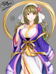 Rule 34 | 1girl, alternate costume, blonde hair, commentary request, commission, cowboy shot, flower, gensou ningyou enbu, grey background, hair flower, hair ornament, head scarf, heart, highres, layered clothes, long hair, looking at viewer, mitama mudimudi, robe, simple background, skeb commission, solo, spoken heart, touhou, translation request, watatsuki no toyohime, wide sleeves, yellow eyes