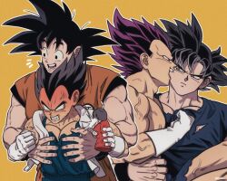 Rule 34 | 2boys, anger vein, angry, bara, biting, black hair, blue bodysuit, bodysuit, cheek biting, clenched teeth, couple, cup, dougi, dragon ball, dragon ball super, fecaa, gloves, holding, holding cup, large pectorals, looking at another, male focus, multiple boys, muscular, muscular male, no pupils, pectorals, purple hair, short hair, smile, son goku, spiked hair, teeth, ultra ego (dragon ball), ultra instinct, vegeta, white gloves, yaoi