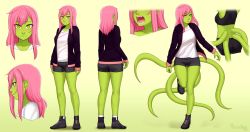 Rule 34 | 1girl, alisa (razalor), ass, black footwear, black jacket, blush, closed mouth, colored skin, dated, fangs, green background, green skin, grey shorts, jacket, long hair, looking at viewer, multiple views, open clothes, open jacket, open mouth, original, parted lips, pink hair, razalor, shirt, shoes, short shorts, shorts, signature, smile, socks, standing, standing on one leg, tentacles, thigh gap, white legwear, white shirt