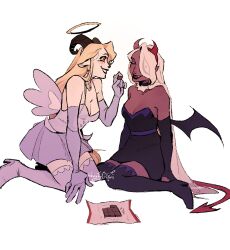 2girls angel angel_and_devil blonde_hair charlie_morningstar demon_girl demon_horns dranktwocoffees hazbin_hotel highres horns long_hair multiple_girls sitting vaggie white_hair yuri