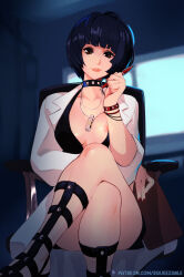 Rule 34 | 1girl, blue hair, breasts, brown eyes, choker, cleavage, collar, collarbone, crossed legs, highres, jewelry, lab coat, looking at viewer, medium breasts, nail polish, necklace, nipple slip, nipples, persona, persona 5, short hair, sitting, smile, solo, squeezable (squeezabledraws), takemi tae, thighs