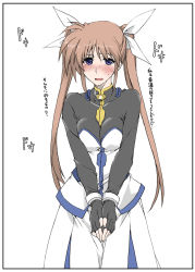 Rule 34 | 1girl, black border, black shirt, blouse, blush, border, breasts, brown hair, cleavage, commentary, elf (stroll in the woods), fingerless gloves, gloves, hair ribbon, highres, long skirt, long sleeves, looking at viewer, lyrical nanoha, magical girl, mahou shoujo lyrical nanoha strikers, medium breasts, missing thumbnail, open mouth, own hands together, pleated skirt, purple eyes, ribbon, shirt, skirt, solo, standing, strapless, sweatdrop, takamachi nanoha, takamachi nanoha (exceed mode), translated, twintails, white ribbon, white shirt, white skirt