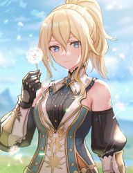 Rule 34 | 1girl, anbe yoshirou, bare shoulders, blonde hair, blue eyes, breasts, closed mouth, cloud, commentary, dandelion, dandelion seed, day, detached sleeves, flower, gauntlets, genshin impact, highres, holding, jean (genshin impact), jean (gunnhildr&#039;s legacy) (genshin impact), long hair, mixed-language commentary, official alternate costume, outdoors, ponytail, sidelocks, signature, sky, solo, upper body