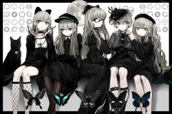Rule 34 | 5girls, ascot, black ascot, black border, black bow, black butterfly, black cat, black choker, black dress, black headwear, black nails, blouse, blue butterfly, border, bow, breasts, brown legwear, bug, butterfly, cat, choker, cleavage, closed mouth, dress, feet out of frame, fingernails, fishnet legwear, fishnets, flower, flower necklace, full moon, funeral dress, glasses, grey hair, grey shirt, hair bow, twirling hair, hat, high-waist skirt, highres, insect, jewelry, juliet sleeves, long dress, long hair, long sleeves, looking at viewer, medium breasts, mole, mole on breast, mole under mouth, moon, multiple girls, nail polish, narue, necklace, original, pantyhose, puffy sleeves, purple eyes, semi-rimless eyewear, shirt, sitting, skirt, legwear garter, twintails, under-rim eyewear, very long hair