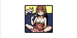 Rule 34 | 1girl, akairiot, bag, bag of chips, blunt bangs, brown eyes, brown hair, cat, chips (food), eating, food, highres, holding, holding food, long hair, nude, original, potato chips, shadow, socks, solo, striped clothes, striped socks