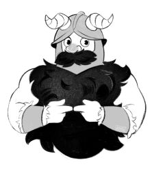 Rule 34 | 1boy, bara, beard, cropped torso, dungeon meshi, dwarf, facial hair, fake horns, fidgeting, greyscale, helmet, highres, horned helmet, horns, long beard, looking at viewer, male focus, monochrome, mustache, senshi (dungeon meshi), shy, solo, thick mustache, venkman (venkpng), very long beard, white background