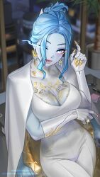 Rule 34 | absurdres, blue eyes, blue hair, blue skin, breasts, claws, cloak, colored skin, costume, cyberpunk, earrings, elden ring, extra arms, gold nails, highres, jewelry, large breasts, makeup, mechanical arms, office lady, olga korezky, one eye closed, pants, ranni the witch, ring, thick thighs, thighs, wedding ring, white cloak, white pants