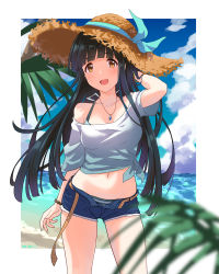 Rule 34 | 1girl, arm behind head, beach, belt, bikini, bikini under clothes, black hair, blue shorts, blue sky, blurry, blurry foreground, blush, bracelet, brown belt, brown hat, check commentary, cloud, collarbone, commentary request, cowboy shot, damokan66, denim, denim shorts, green bikini, hat, highres, idolmaster, idolmaster million live!, idolmaster million live! theater days, jewelry, kitakami reika, long hair, looking at viewer, midriff, navel, necklace, ocean, open fly, open mouth, plant, ribbed hat, shirt, short shorts, short sleeves, shorts, sky, smile, solo, straw hat, striped bikini, striped clothes, swimsuit, thighs, white shirt, yellow eyes