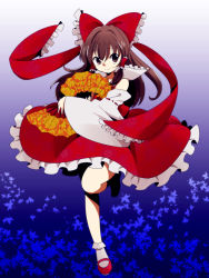 Rule 34 | 1girl, bad id, bad pixiv id, bow, brown eyes, brown hair, dancing, detached sleeves, dress, dual wielding, female focus, full body, gradient background, hair bow, hair tubes, hakurei reimu, hand fan, holding, ica, japanese clothes, leaf, maple leaf, miko, red dress, smile, solo, standing, standing on one leg, touhou