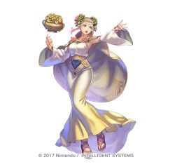 Rule 34 | 1girl, alternate costume, alternate hairstyle, anbe yoshirou, arm up, armpits, belt, blonde hair, blue gemstone, cape, circlet, collarbone, commentary request, detached sleeves, dress, female focus, fire emblem, fire emblem heroes, floating, floating object, flower, full body, gem, gold belt, gold trim, gradient hair, green eyes, hair flower, hair ornament, henriette (fire emblem), jewelry, knees together feet apart, long dress, looking to the side, mature female, multicolored hair, nintendo, open mouth, pink hair, rose, sandals, shadow, simple background, solo, taut clothes, taut dress, vase, watermark, white background, white cape, white dress, wide sleeves