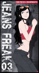 Rule 34 | 1girl, alternate hairstyle, black hair, blue eyes, breasts, chris re5, cowboy shot, crop top, denim, eyewear on head, fashion, from side, jeans, large breasts, midriff, nico robin, one piece, pants, ponytail, red tank top, signature, smile, solo, sunglasses, tank top