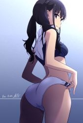 Rule 34 | 1girl, ass, black hair, blue background, blush, breasts, closed mouth, from behind, gradient background, highres, inoue takina, looking at viewer, lycoris recoil, medium breasts, medium hair, nii manabu, purple eyes, solo, sports bra, standing, thighs, twintails, two-tone sports bra