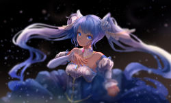 Rule 34 | 1girl, absurdres, blue eyes, blue hair, blue skirt, blurry, breasts, bustier, closed mouth, depth of field, detached collar, detached sleeves, feijike, floating hair, hatsune miku, highres, long hair, long skirt, looking at viewer, skirt, small breasts, smile, snowing, solo, standing, strapless, twintails, very long hair, vocaloid, white sleeves, yuki miku, yuki miku (2019)