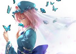 Rule 34 | 1girl, arm garter, blue dress, blue hat, blue neckwear, blue sash, breasts, bug, butterfly, commentary request, dress, frilled shirt collar, frills, from side, hair between eyes, hands up, hat, head tilt, insect, juliet sleeves, large breasts, long sleeves, mob cap, pink hair, puffy sleeves, purple eyes, saigyouji yuyuko, sash, shironeko yuuki, short hair, simple background, solo, touhou, triangular headpiece, upper body, veil, white background, wide sleeves