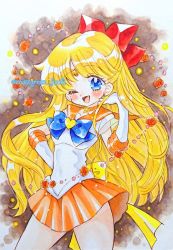 Rule 34 | 1girl, ;d, aino minako, aomidori, back bow, bishoujo senshi sailor moon, blonde hair, blue bow, blue eyes, bow, brooch, brown background, choker, circlet, cowboy shot, earrings, elbow gloves, gloves, hair bow, hand on own hip, heart, heart brooch, jewelry, long hair, looking at viewer, magical girl, one eye closed, open mouth, orange neckwear, orange sailor collar, orange skirt, painting (medium), pleated skirt, red bow, sailor collar, sailor senshi uniform, sailor venus, skirt, smile, solo, standing, star (symbol), star choker, stud earrings, super sailor venus, traditional media, twitter username, watercolor (medium), white gloves, yellow bow