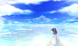 Rule 34 | 1girl, bad id, bad pixiv id, black hair, cloud, day, dress, closed eyes, female focus, from behind, kyl, landscape, ocean, original, outdoors, partially submerged, ripples, scenery, sitting, sky, solo, twintails, water, white dress