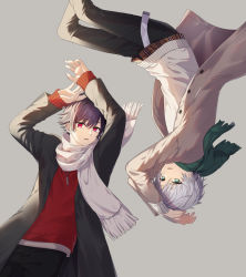Rule 34 | 2boys, arms up, black hair, black jacket, black pants, brown jacket, commentary request, copyright request, fringe trim, green eyes, green scarf, grey background, hair between eyes, highres, jacket, jewelry, long sleeves, looking at viewer, male focus, minamoto mamechichi, multiple boys, necklace, official art, open clothes, open jacket, pants, parted lips, plaid, red eyes, red sweater, scarf, silver hair, simple background, sleeves past wrists, sweater, virtual youtuber, white scarf, white sweater