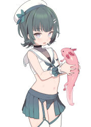 Rule 34 | 1girl, animal, axolotl, beret, blade (galaxist), blunt bangs, breasts, collarbone, commentary request, commission, cowboy shot, cropped shirt, frilled cuffs, garter straps, green hair, grey eyes, grey nails, hair ornament, hairclip, hat, highres, holding, holding animal, looking at viewer, midriff, mole, mole under eye, navel, neckerchief, palette project, parted lips, pleated skirt, revealing clothes, sailor collar, salamander, school uniform, second-party source, serafuku, shirt, short hair, simple background, skirt, sleeveless, sleeveless shirt, small breasts, solo, thighhighs, tokiwa kaname, virtual youtuber, white background, white shirt, white thighhighs