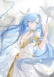 Rule 34 | 1girl, 37 (reverse:1999), absurdres, ancient greek clothes, armlet, bird, blue eyes, blue hair, dove, flat chest, gold choker, greco-roman clothes, hair between eyes, hand up, highres, index finger raised, long hair, looking up, motion blur, parted lips, reverse:1999, single bare shoulder, solo, sparkle, teeth, toga, very long hair, white background, dove, zaocan nai cha