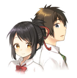 Rule 34 | 1boy, 1girl, back-to-back, black hair, blue eyes, bow, bowtie, brown eyes, brown hair, closed mouth, collared shirt, commentary request, green neckwear, kimi no na wa., looking at viewer, looking to the side, midorikawa you, miyamizu mitsuha, necktie, parted lips, profile, red neckwear, school uniform, shirt, sidelocks, simple background, smile, tachibana taki, white background, white shirt